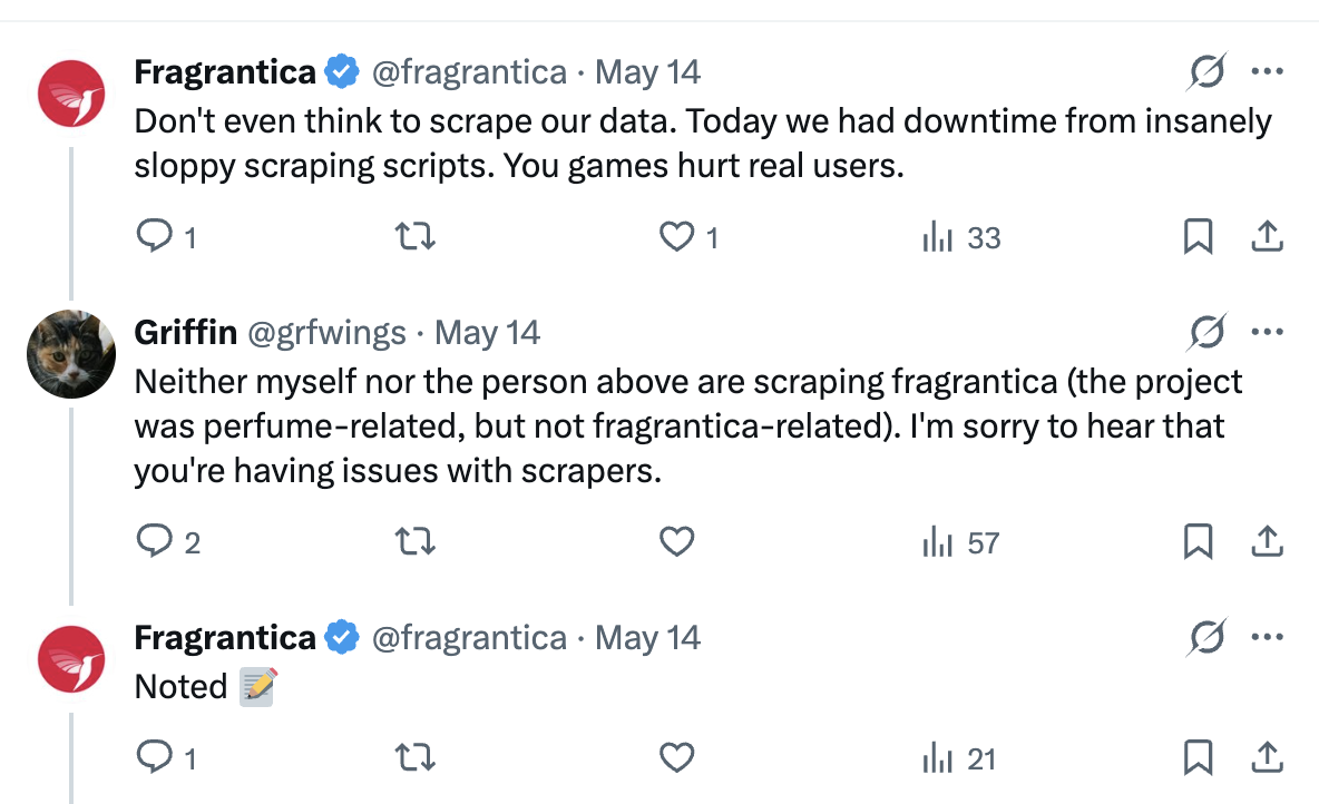 Fragrantica replying to grfwings on X: 'Don't even think to scrape our data.'
